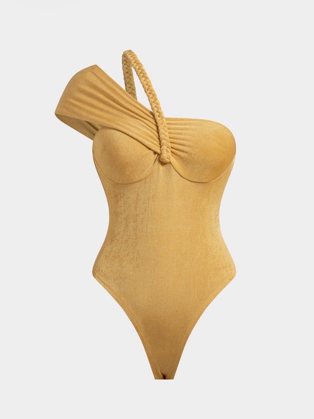 One-Shoulder Braided Strap Bodysuit in Mustard Yellow